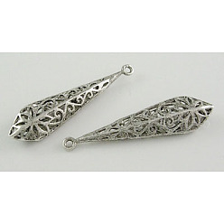 Antique Silver Brass Pendants, Hollow, teardrop, Antique Silver Color, about 40mm long, 10mm wide, 6mm thick, hole: 1.5mm