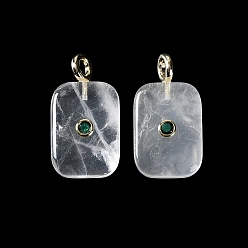 Quartz Crystal Natural Quartz Crystal Rock Crystal Pendants, Rectangle Charms with Brass Micro Pave Cubic Zirconia Findings, Golden, 33.5x19.5x9.5mm, Hole: 3.5mm