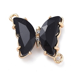 Black Glass Links Connectors, with Brass Micro Pave Cubic Zirconia, Faceted, Butterfly, Light Gold, Black, 20x20x4mm, Hole: 1.5mm