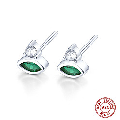 Sea Green Cubic Zirconia Horse Eye Stud Earrings, Platinum Rhodium Plated 925 Sterling Silver Earrings, with 925 Stamp, Sea Green, 7x6.1mm