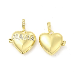 Light Gold Brass Micro Pave Clear Cubic Zirconia Locket Pendants, Heart with Word MAMA Charms, Light Gold, 20x21x7.5mm, Hole: 5.5x3mm