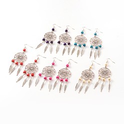 Mixed Color Alloy Chandelier Earrings, with Wood Beads and Brass Earring Hooks, Mixed Color, 100mm, Pin: 0.7mm