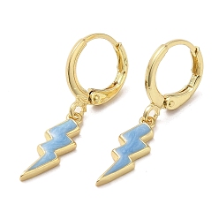 Steel Blue Lightning Bolt Real 18K Gold Plated Brass Dangle Leverback Earrings, with Enamel, Steel Blue, 29x5.5mm