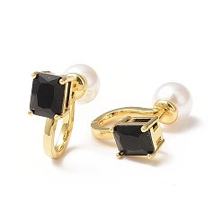 Black Glass Rectangle Hoop Earrings with ABS Pearl Beaded, Golden Brass Jewelry for Women, Black, 25.3x17.5x10mm, Pin: 1mm