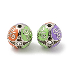 Colorful Platinum Alloy Enamel Beads, with Rhinestone, Round, Colorful, 11.5x11.5mm, Hole: 1.8mm