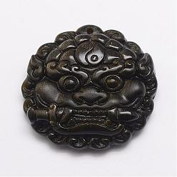 Dark Khaki Feng Shui Natural Golden Sheen Obsidian Carven Pendants, Pixiu, Dark Khaki, 40.5x43x12mm, Hole: 2mm