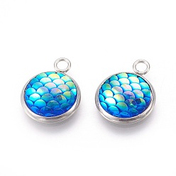 Deep Sky Blue Resin Pendants, with 304 Stainless Steel Finding, Flat Round with Mermaid Fish Scale Shaped, Stainless Steel Color, Deep Sky Blue, 18x14x3.5mm, Hole: 2mm