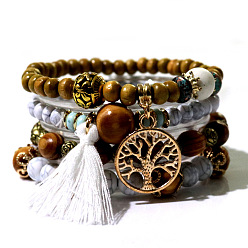 white Bohemian Style Multilayer Wood Bead Bracelet Elastic Cord Jewelry Hand Ornament.