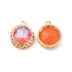 Padparadscha K9 Glass Pendants, with Light Gold Brass Finding, Flat Round Charms, Padparadscha, 18x14.5x5.5mm, Hole: 1.6mm