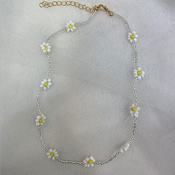 White millet bead Dainty Crystal Daisy Necklace with Unique Pearl Bead Strand and Collarbone Chain