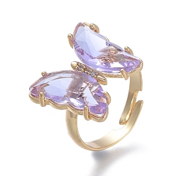 Lilac Adjustable Brass Glass Finger Rings, with Clear Cubic Zirconia, Butterfly, Golden, Lilac, Size 7, Inner Diameter: 17mm