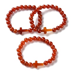 Красный Агат Браслеты из натурального сердолика (окрашенного и нагретого) с крестообразными и круглыми бусинами, внутренний диаметр: 2-1/8 дюйм (5.5 см)