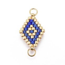 Blue MIYUKI & TOHO Handmade Japanese Seed Beads Links, with Brass Jump Ring, Loom Pattern, Rhombus, Blue, 18x12~12.5x1.8mm, Hole: 2.5mm, 1.8mm thick.