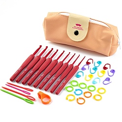 Melocotón de Soplo Kits de herramientas para tejer diy, incluyendo gancho y aguja de crochet, marcador de punto, soporte para el dedo, bolsa de almacenamiento con cremallera, peachpuff, tamaño del paquete: 210x100x30 mm