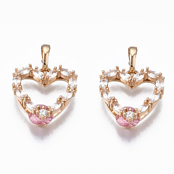Фламинго Латунные подвески из микро кубического циркония, без кадмия, без никеля и без свинца, со стеклянной и латунной защелкой на скобах, сердце, золотой свет, фламинго, 17x16x6 мм, отверстие : 6x4 мм
