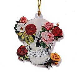 Red Opaque One-sided Printed Acrylic Big Pendants, for Halloween, Skull with Flower, Red, 500x2mm