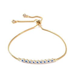 White Enamel Heart with Evil Eye Link Slider Bracelet with Cubic Zirconia, Real 18K Gold Plated Brass Lucky Jewelry for Women, White, Inner Diameter: 1/2~3-1/4 inch(1.2~8.3cm)
