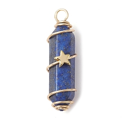 Lapis Lazuli Natural Lapis Lazuli Copper Wire Wrapped Pointed Pendants, Faceted Bullet Charms with Golden Tone Brass Star Beads, 34.5~37x10.5x12mm, Hole: 2.7mm