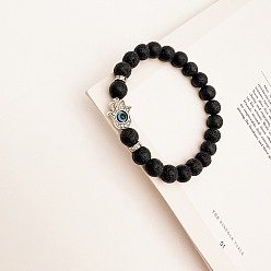 Style 1 Natural Stone Beaded Elastic Bracelet with Turkish Evil Eye and Lava Rock