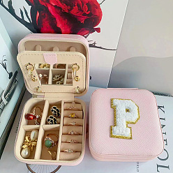 Letter P Letter Imitation Leather Jewelry Organizer Case with Mirror Inside, for Necklaces, Rings, Earrings and Pendants, Square, Pink, Letter P, 10x10x5.5cm