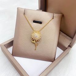 Golden Titanium Steel with Clear Cubic Zirconia Pendant Necklaces, Rotating Sunflower, Golden, 16.14~19.69 inch(41~50cm)