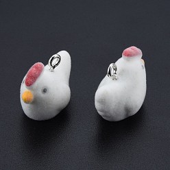 White Opaque Resin Pendants, with Platinum Tone Iron Loops, Flocky Chook Charms, White, 19.5~21x24.5~25.5x15mm, Hole: 2.5mm