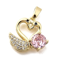 Pink Латунные микро проложить кубического циркония подвески, реальный 18 k позолоченный, лебедь прелести, розовые, 14x15.5x4 мм, отверстие : 4x3 мм