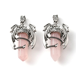 Rose Quartz Natural Rose Quartz Pointed Pendants, Faceted Bullet Charms, with Rack Plating Platinum Tone Alloy Dragon Findings, Cadmium Free & Lead Free, 39~41x24~25x13~14mm, Hole: 4x8mm