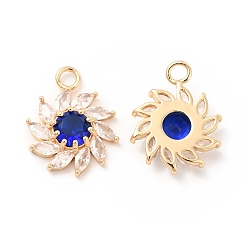 Sapphire K9 Glass Pendants, with Light Gold Brass Finding, Flower Charms, Sapphire, 20.5x16x4.5mm, Hole: 2.3mm