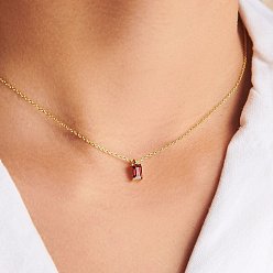 Cerise Birthstone Style Cubic Zirconia Rectangle Pendant Necklaces, Golden Titanium Steel Necklace, Cerise, 15.75 inch(40cm)