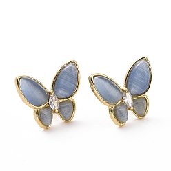 Silver Cat Eye Butterfly Stud Earrings with Clear Cubic Zirconia, Real 18K Gold Plated Brass Jewelry for Women, Cadmium Free & Lead Free, Silver, 15x17.5mm, Pin: 0.7mm
