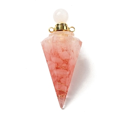 Розовый Кварц Кулоны для духов из натурального розового кварца, подвески в виде граненых конусов из смолы с завинчивающейся крышкой из позолоченной латуни, 46.5~48x19~20x17~18 мм, отверстие : 1.8 мм