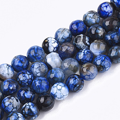 Dark Blue Natural Crackle Agate Beads Strands, Dyed, Faceted, Round, Dark Blue, 8mm, Hole: 1mm, about 48pcs/strand, 14.9 inch