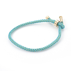 Cyan Couple Adjustable Nylon Cord Bracelets, Bolo Bracelets, Slider Bracelets, Box Chains, with Brass Findings, Long-Lasting Plated, Real 18K Gold Plated, Cyan, 9-1/4 inch(23.5cm), 2~3.5mm