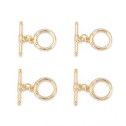 Real 18K Gold Plated Brass Toggle Clasps, with Jump Rings, Nickel Free, Ring, Real 18K Gold Plated, Ring: 17x14x2.5mm, Hole: 1.6mm, Bar: 22.5x2.5mm, Hole: 1.6mm, Jump Ring: 5x0.8mm.