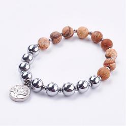 Bildjaspisses Matt natürliche Bild Jaspis Stretch-Armbänder, mit galvanisch nichtmagnetischen synthetischen Hämatit Perlen & 304 Edelstahl Charms, Baum des Lebens, 2 Zoll (51 mm)