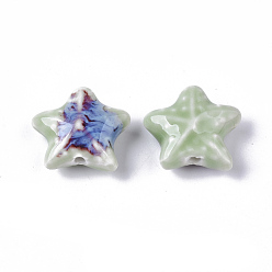 Medium Aquamarine Handmade Porcelain Beads, Fancy Antique Glazed Porcelain, Starfish/Sea Stars, Medium Aquamarine, 19~20x20.5~22.5x7.5~8.5mm, Hole: 2mm