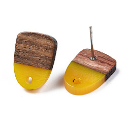 Золотистый Серьги-гвоздики из непрозрачной смолы и орехового дерева, с 304 штифтом и отверстием из нержавеющей стали, два тона, половину овальной, золотые, 15x11 мм, отверстие : 1.8 мм, штифты : 0.7 мм