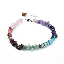 Mixed Stone Chakra Jewelry Natural & Synthetic Gemstone Chip Anklets, with Tibetan Style Alloy Spacers Beads and 304 Stainless Steel Lobster Claw Clasps, 9-1/2 inch(24cm)