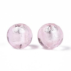 Розовый Ручная серебряная фольга стеклянные бусины Lampwork, круглые, туманная роза, 14 мм, отверстие : 1.4 мм