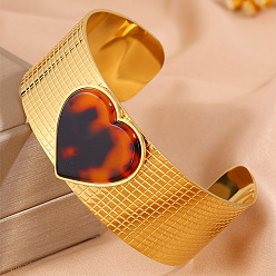 Сердце Браслеты-манжеты из нержавеющей стали и акрила с леопардовым принтом для женщин, золотые, сердце, внутренний диаметр: 304 дюйм (2.36 см)