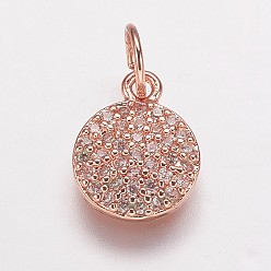 Rose Gold Brass Cubic Zirconia Pendants, Flat Round Charms, Rose Gold, 10x8x2mm, Hole: 3mm