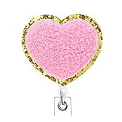 Pink Heart Wool Chenille Clip-On Retractable Badge Holders, Badge Reels, Alloy Alligator Clip Tag Card Holders, Pink, 50mm