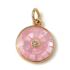 Pink Латунные микропаве прозрачные кубические циркониевые подвески, с эмалью и ракушкой, плоские круглые прелести, без кадмия и без свинца, стойки покрытие, долговечный, реальный 18 k позолоченный, розовые, 13x11x3 мм, отверстие : 3.5 мм