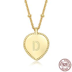 Letter D 925 Sterling Silver Satellite Chains Pendant Necklaces, Heart, Golden, Letter D, 15.75 inch(40cm)
