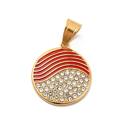 Red 304 Stainless Steel Enamel Pendants, with Crystal Rhinestone, Flat Round Charms, Golden, Red, 24x21x2.5mm, Hole: 8x5mm
