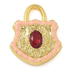 Розовый Стеклянные подвески из латуни с покрытием стойки, с эмалью, долговечный, без свинца и без кадмия, реальный 18 k позолоченный, запирать, туманная роза, 22x17.5x4 мм, отверстие : 4x4.5 мм