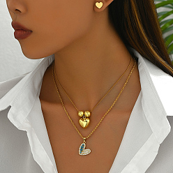 Настоящее золото 18K Элегантный комплект украшений из нержавеющей стали с цирконием для женщин, двухслойное колье и серьги, реальный 304 k позолоченный