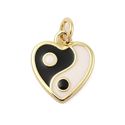 Черный Подвески из латуни с покрытием из эмали, с целью перехода в кольце, долговечный, без кадмия и без свинца, реальный 18 k позолоченный, сердце с шармом инь-ян, чёрные, 14x12x2 мм, отверстие : 3 мм