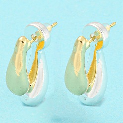 Golden & Silver Two Tone Brass Front Back Stud Earrings with 925 Sterling Silver Pins, Teardrop, Golden & Silver, 22.5x7mm
